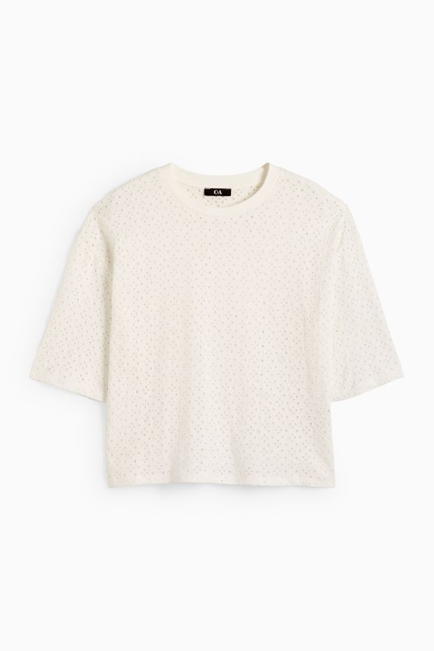 Dames - T-shirt - relaxed fit - broderie Anglaise - wit