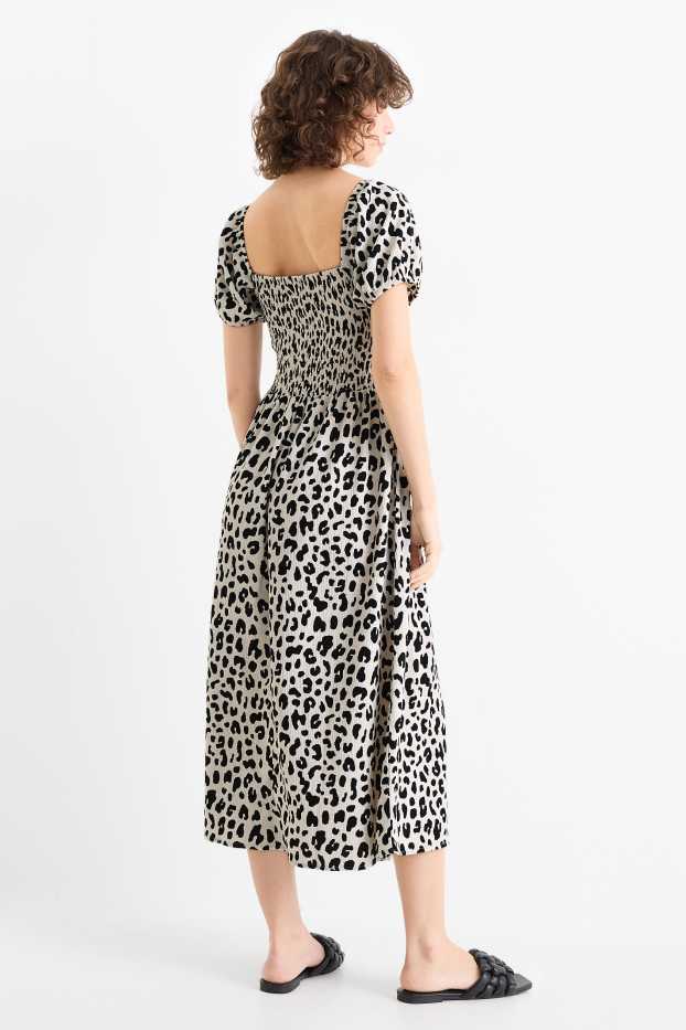 Femmes - Robe Fit & Flare - imprimé léopard - texturé - smocké - noir / beige