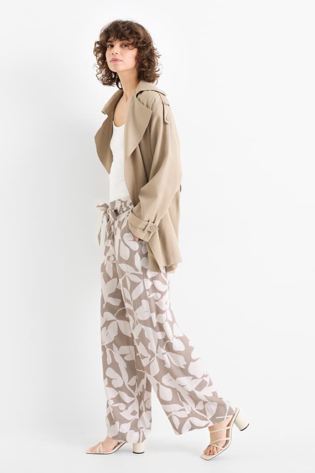 Femmes - Pantalon de toile - high waist - wide leg - à fleurs - beige