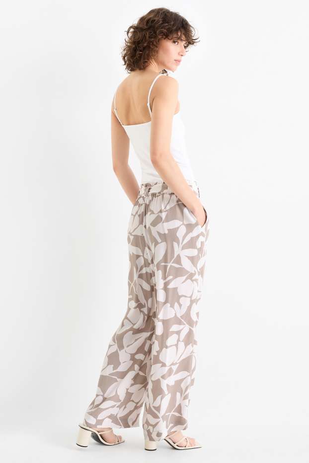 Femmes - Pantalon de toile - high waist - wide leg - à fleurs - beige