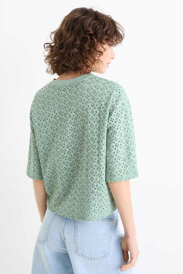 Women - T-shirt - relaxed fit - broderie anglaise - green
