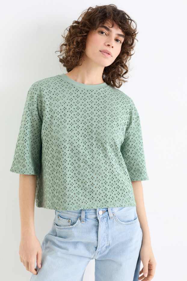 Women - T-shirt - relaxed fit - broderie anglaise - green