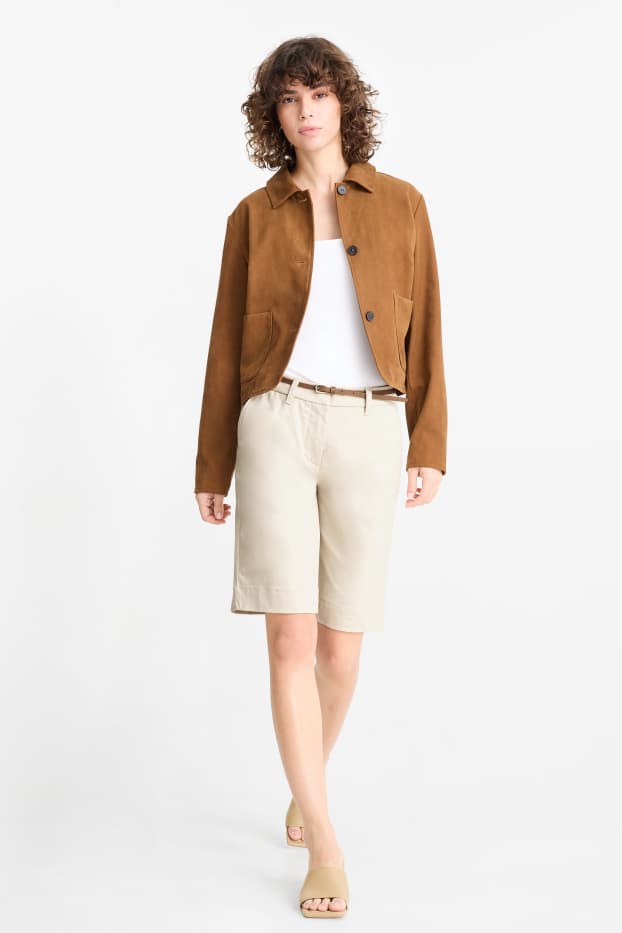 Dámské - Bermudy s páskem - mid waist - světle béžová