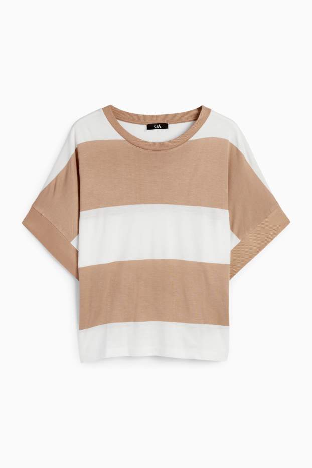 Women - T-shirt - regular fit - striped - white / beige