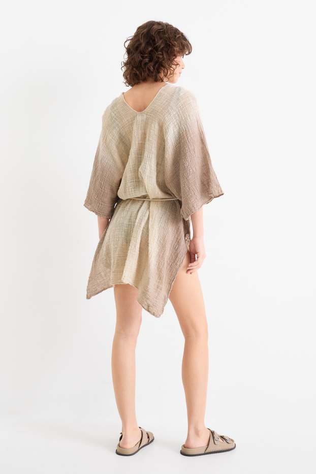 Donna - Kimono - fantasia - tessuto tramato - marrone / bianco crema