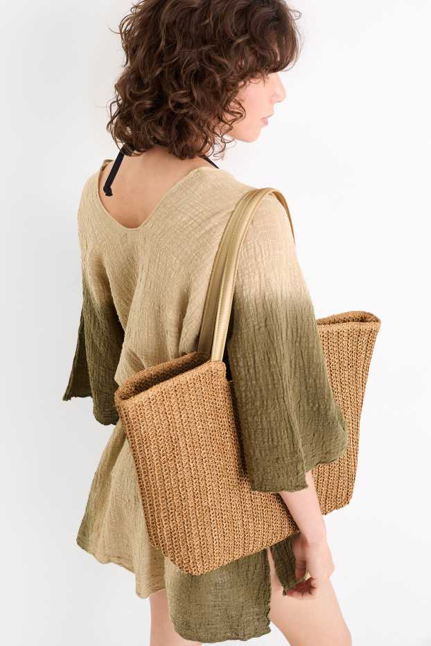 Femei - Geantă shopper de paie mare - aspect lucios - bej