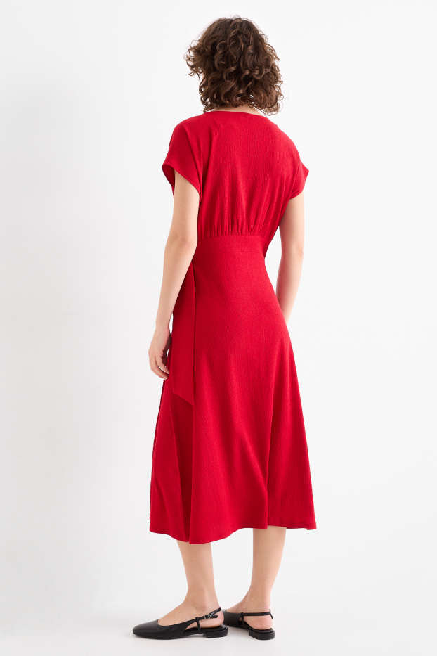 Women - Wrap dress - textured - dark red
