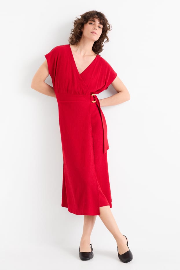 Women - Wrap dress - textured - dark red