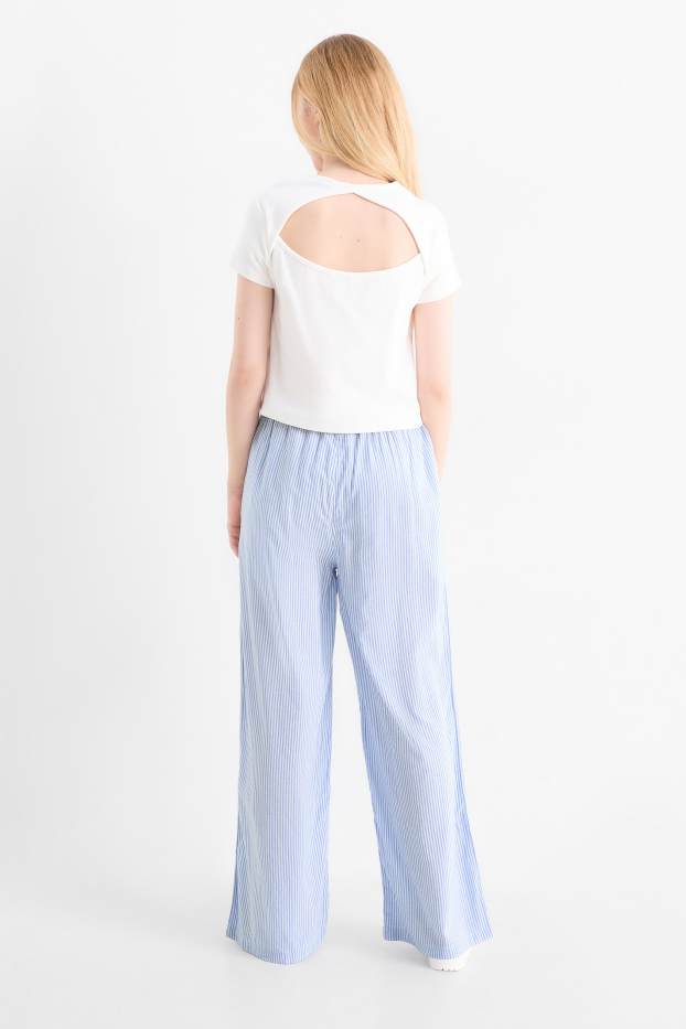 Enfants filles - Pantalon en tissu - palazzo - à rayures - blanc / bleu clair