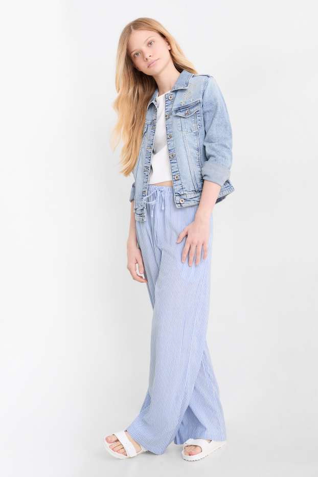 Enfants filles - Pantalon en tissu - palazzo - à rayures - blanc / bleu clair
