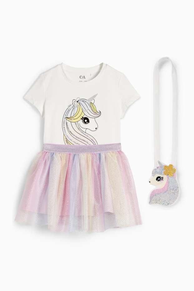 Children Girls - Unicorn - set - short sleeve T-shirt, skirt and bag - 3 piece - cremewhite