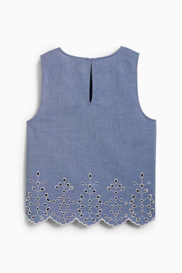 Donna - Top a blusa - broderie anglaise - effetto jeans - blu