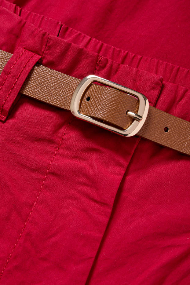 Dámské - Plátěné kalhoty s páskem - high waist - wide leg - tmavočervená