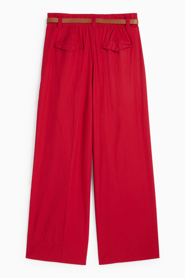 Dámské - Plátěné kalhoty s páskem - high waist - wide leg - tmavočervená