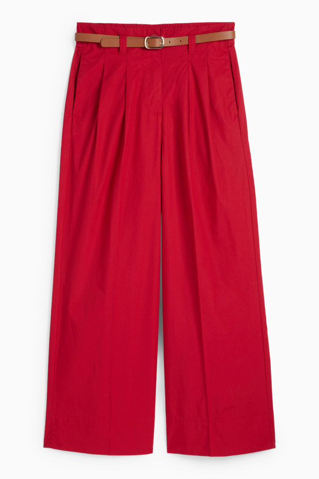 Dámské - Plátěné kalhoty s páskem - high waist - wide leg - tmavočervená