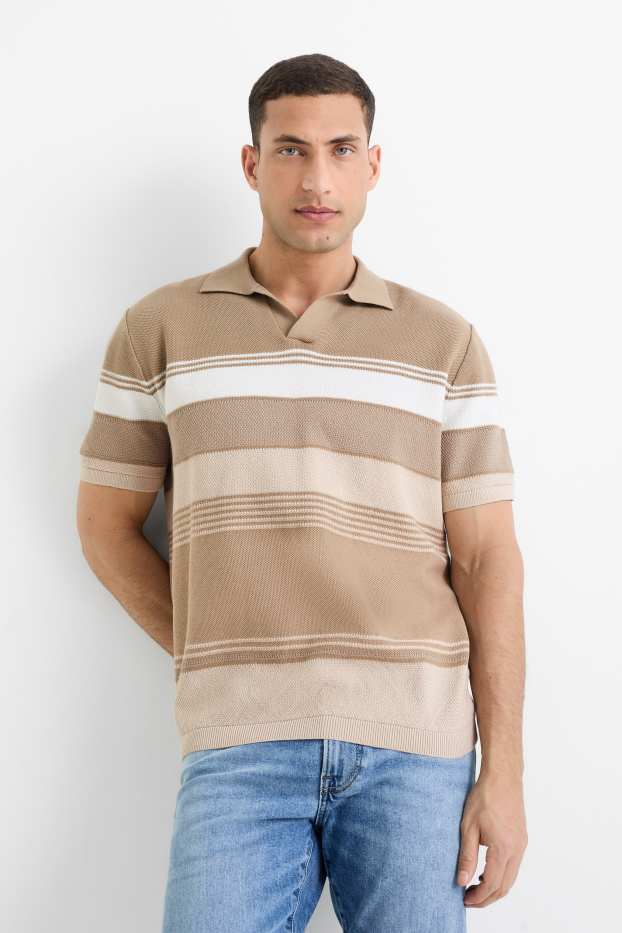 Herren - Strick-Poloshirt - Regular Fit - gestreift - strukturiert - taupe