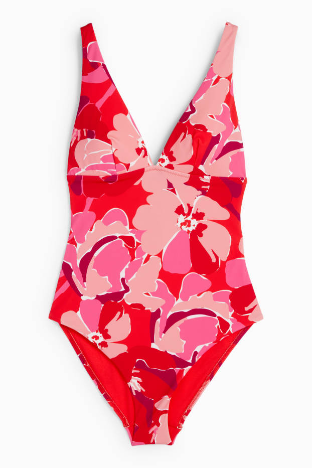 Femei - Costum de baie modelator - vătuit - LYCRA® XTRA LIFE™ - cu flori - roșu