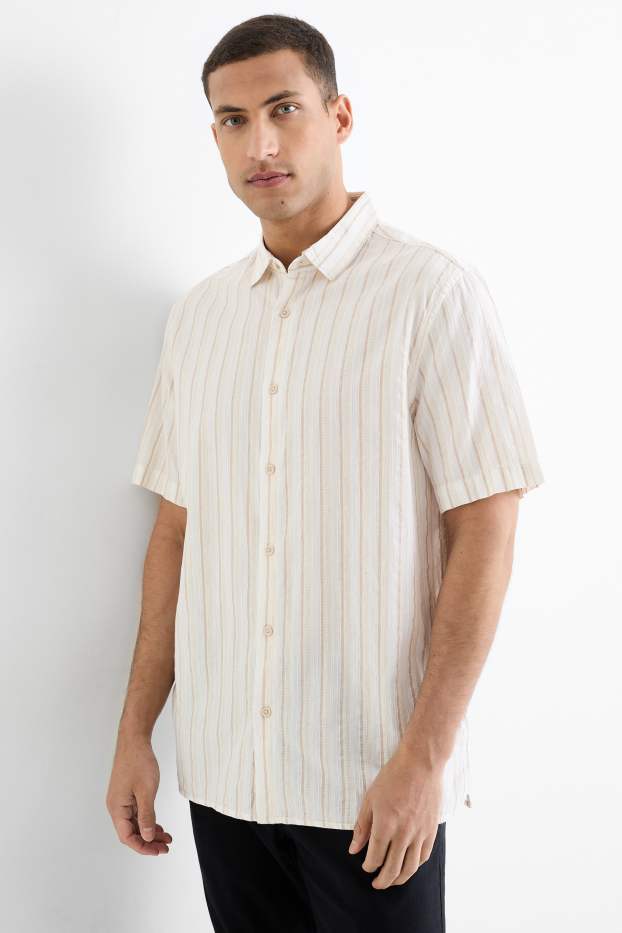 Herren - Hemd mit Leinen-Anteil - Regular Fit - Kent - gestreift - hellbeige