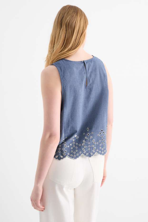 Donna - Top a blusa - broderie anglaise - effetto jeans - blu