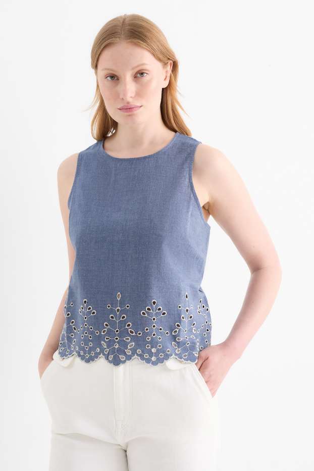 Donna - Top a blusa - broderie anglaise - effetto jeans - blu