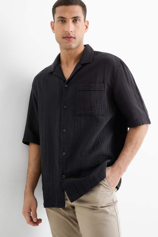 Herren - Musselin-Hemd - Relaxed Fit - Reverskragen - schwarz