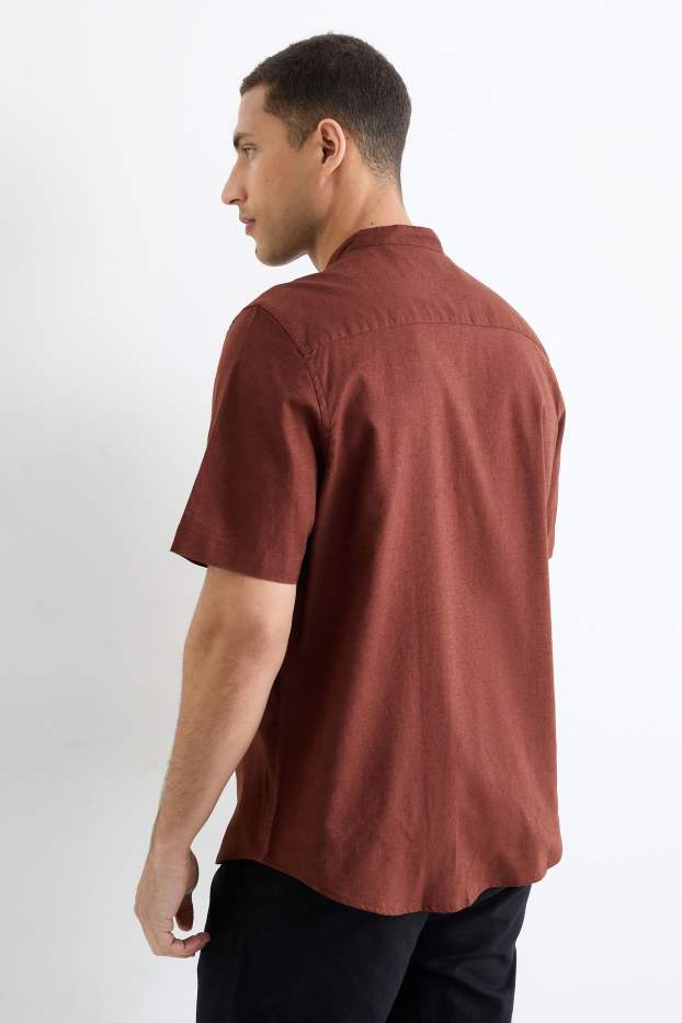 Bărbați - Cămașă - regular fit - guler drept - amestec de in - maro închis