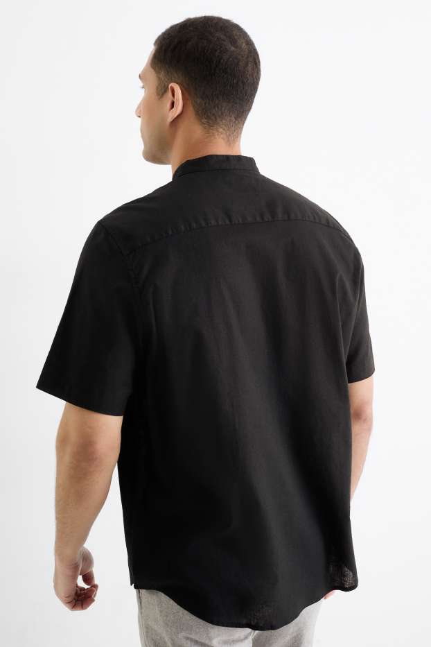 Herren - Hemd - Regular Fit - Stehkragen - Leinen-Mix - schwarz