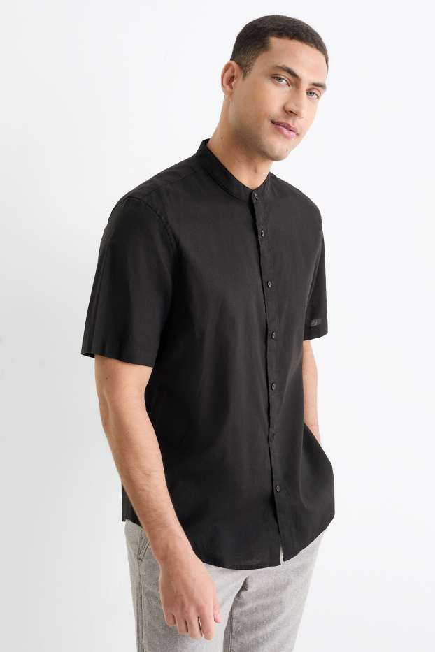 Herren - Hemd - Regular Fit - Stehkragen - Leinen-Mix - schwarz