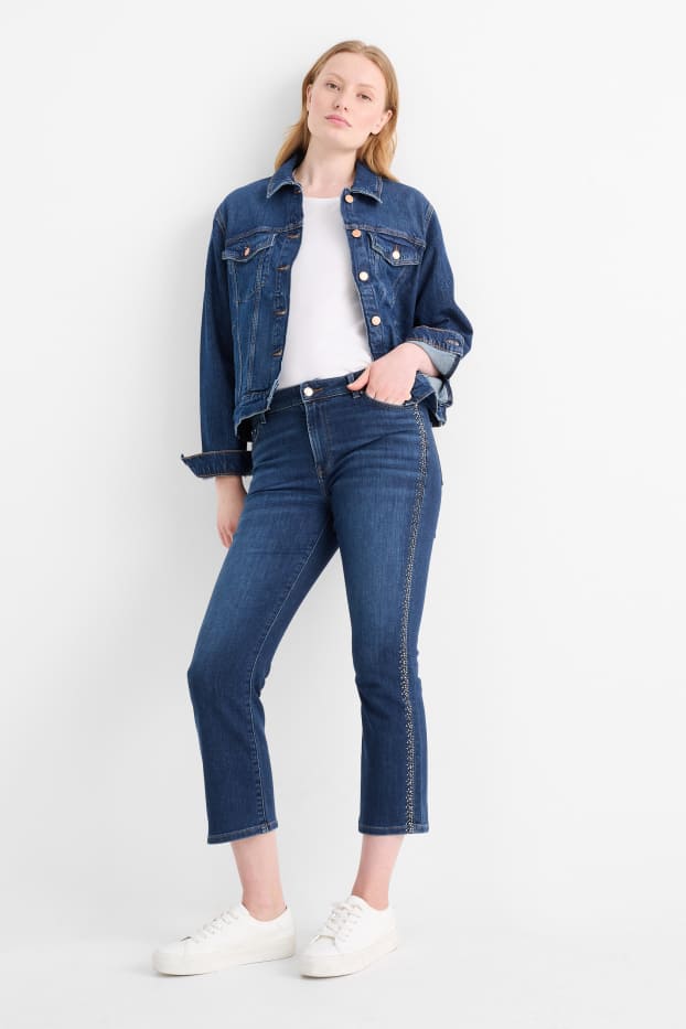 Dames - Korte bootcut jeans met strass steentjes - mid waist - jeansblauw