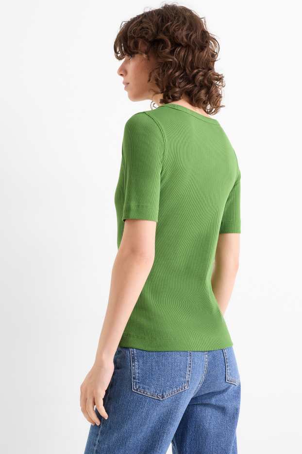 Kobiety - T-shirt basic - slim fit - w prążki - zielony