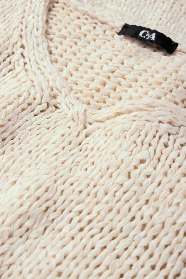 Femmes - Pull en maille avec encolure en V - manches courtes - beige clair