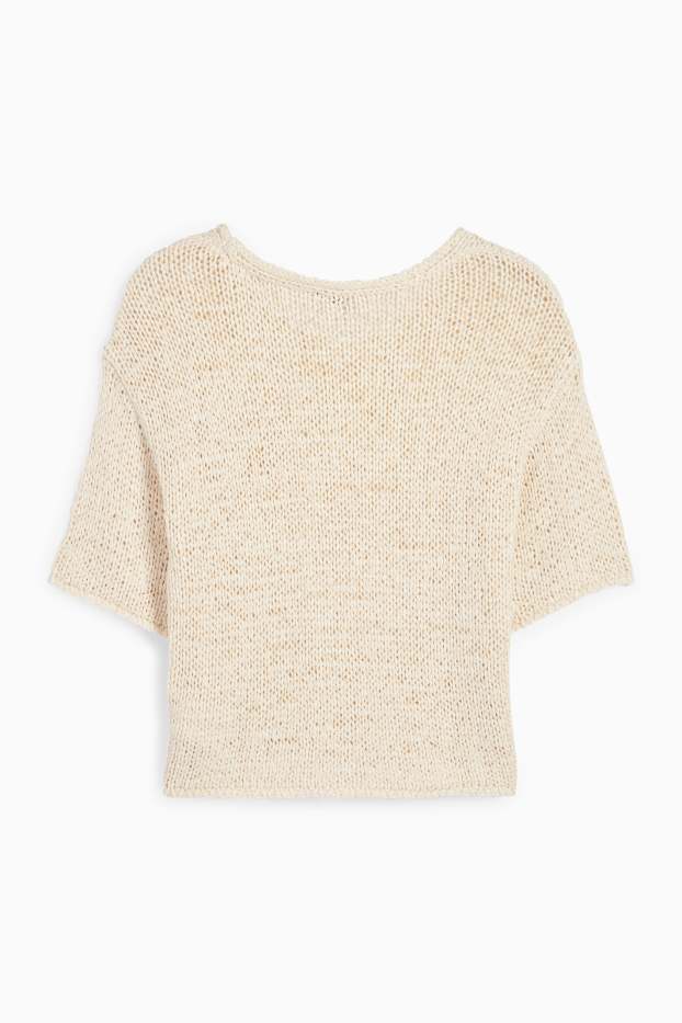Femmes - Pull en maille avec encolure en V - manches courtes - beige clair