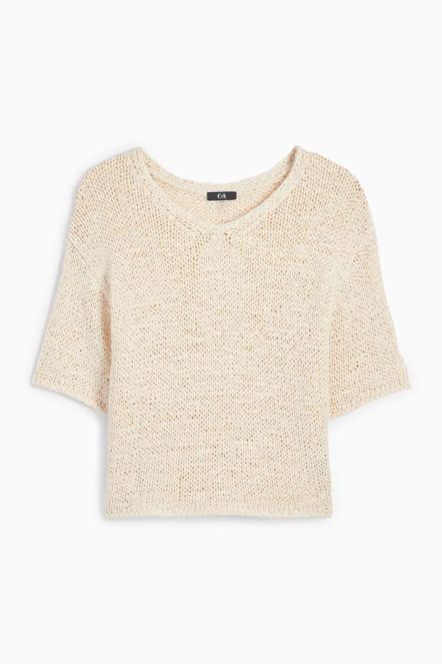Femmes - Pull en maille avec encolure en V - manches courtes - beige clair