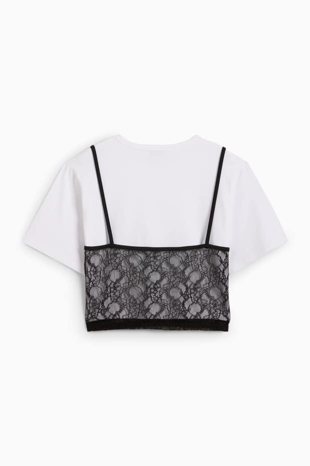 Dona - Samarreta de màniga curta crop - oversized - look 2 en 1 - blanc/negre