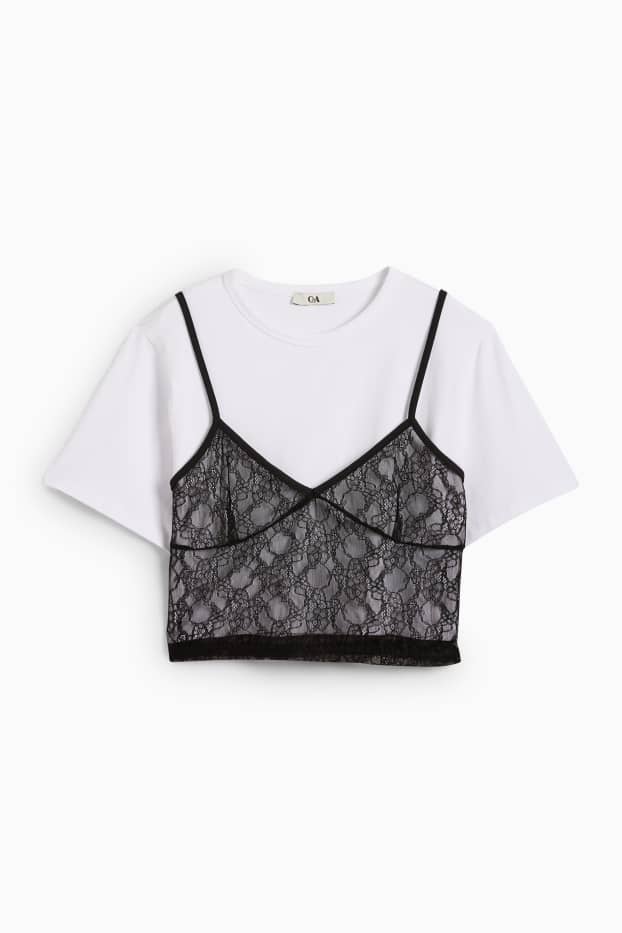Dona - Samarreta de màniga curta crop - oversized - look 2 en 1 - blanc/negre