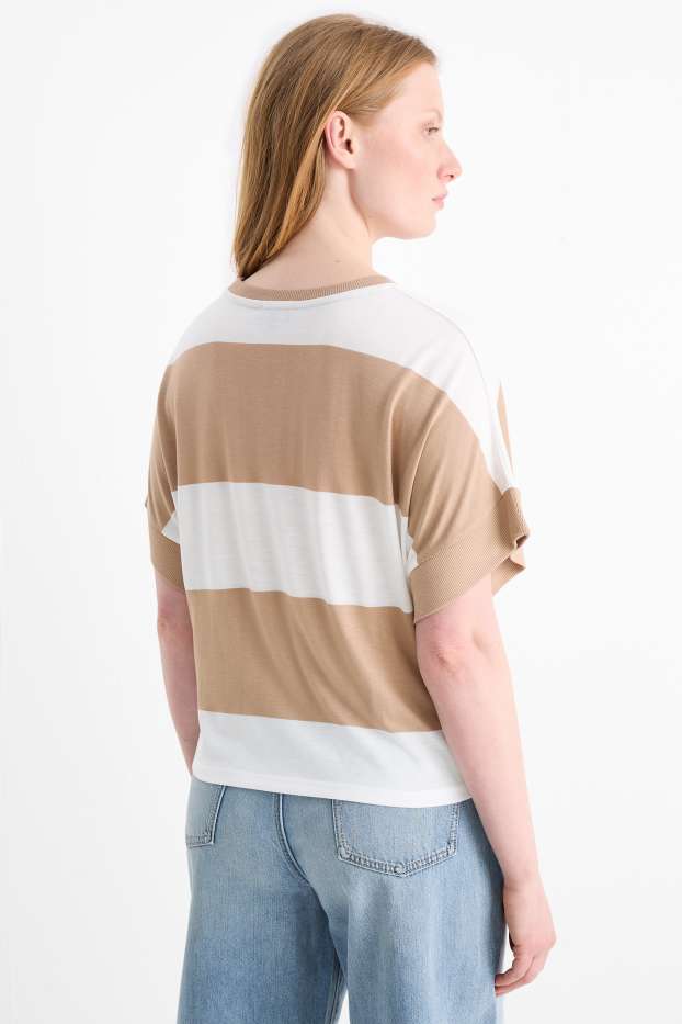 Women - T-shirt - regular fit - striped - white / beige