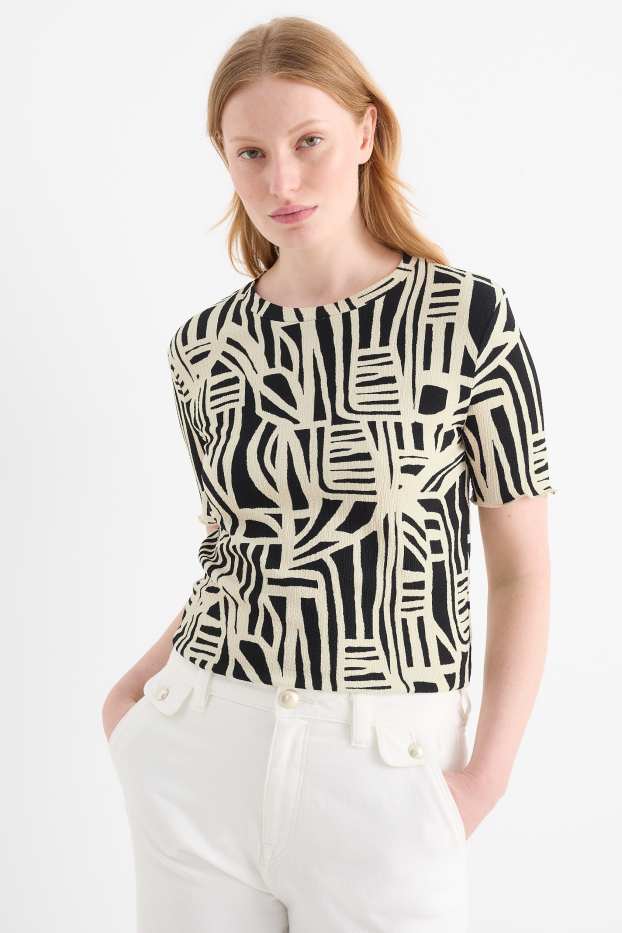 Dames - T-shirt - regular fit - met patroon - met structuur - zwart / beige