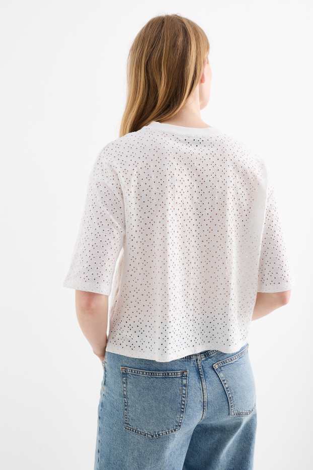 Dames - T-shirt - relaxed fit - broderie Anglaise - wit
