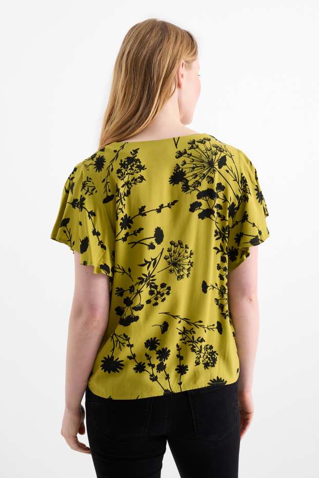 Mujer - Blusa con escote en pico - de flores - verde