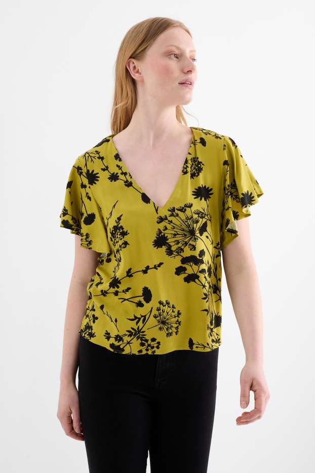 Mujer - Blusa con escote en pico - de flores - verde