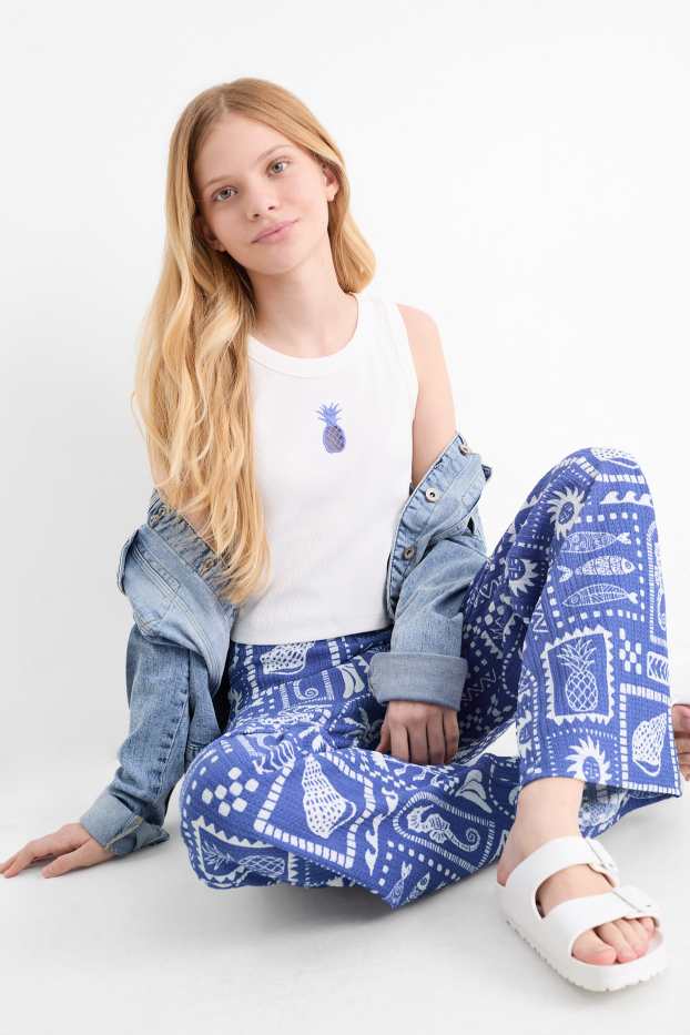 Kinderen: meisjes - Ananas - set - top en broek van jersey - 2-delig - blauw / wit