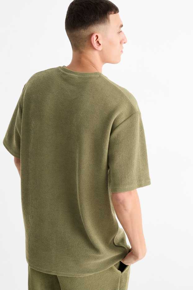 Pánské - Tričko - regular fit - žebrované - zelená