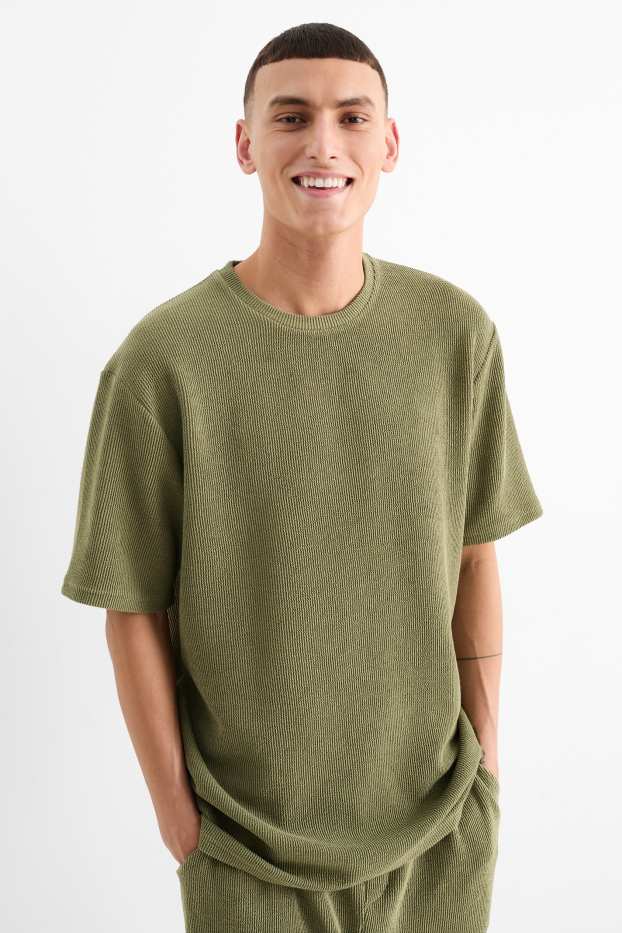 Pánské - Tričko - regular fit - žebrované - zelená