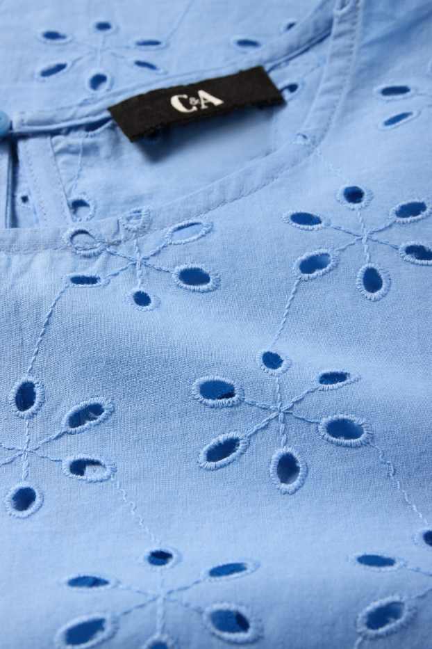 Damen - Blusentop - Broderie Anglaise - hellblau