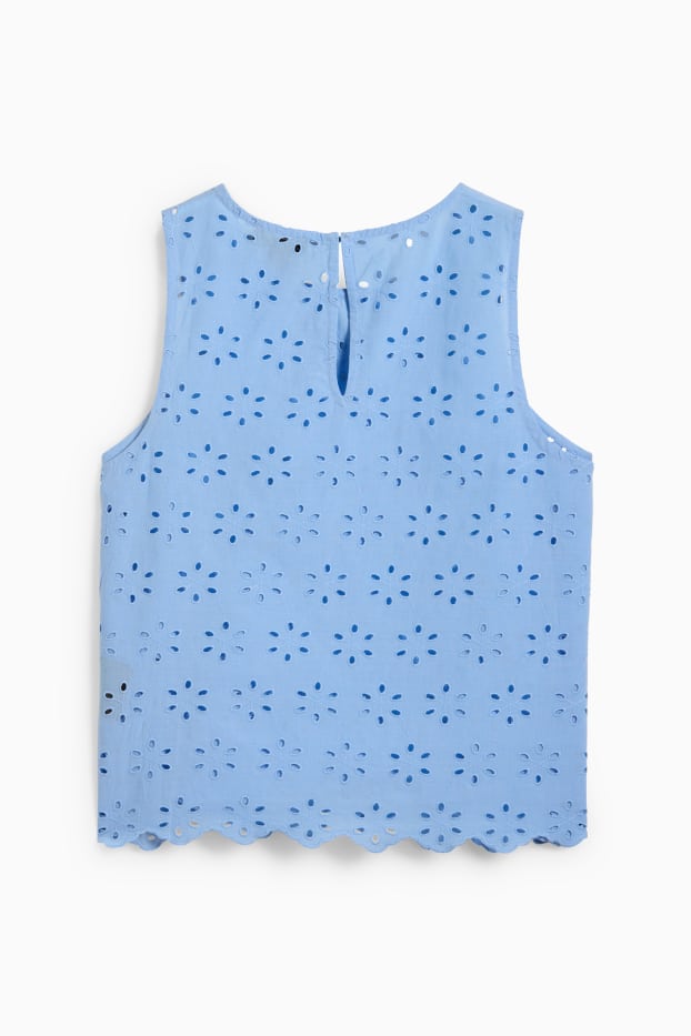 Damen - Blusentop - Broderie Anglaise - hellblau