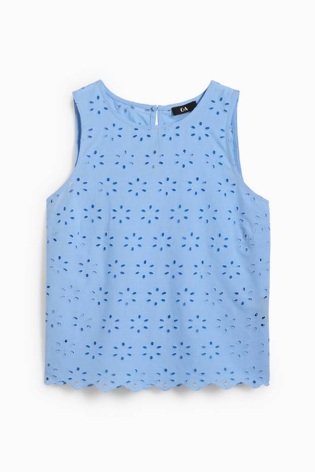 Damen - Blusentop - Broderie Anglaise - hellblau