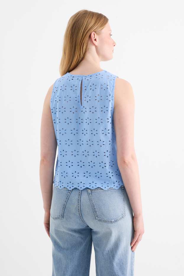 Damen - Blusentop - Broderie Anglaise - hellblau