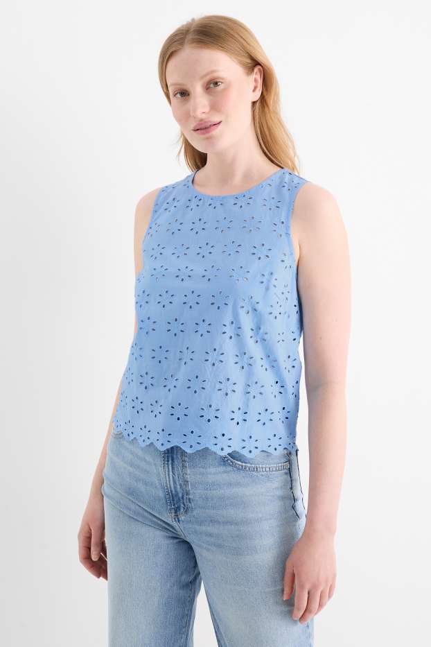 Damen - Blusentop - Broderie Anglaise - hellblau