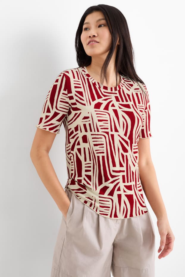 Women - T-shirt - regular fit - patterned - textured - beige / bordeaux