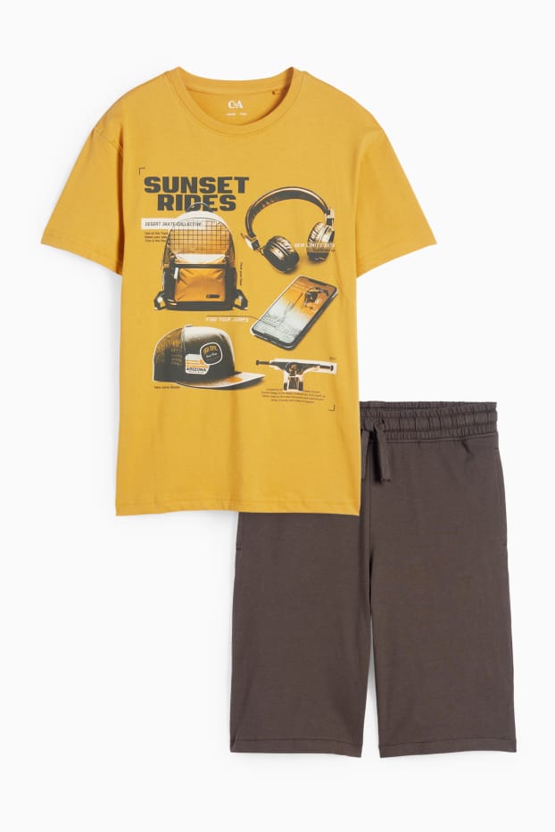 Kinder Buben - Skater - Set - Kurzarmshirt und Shorts - 2 teilig - braun / gelb